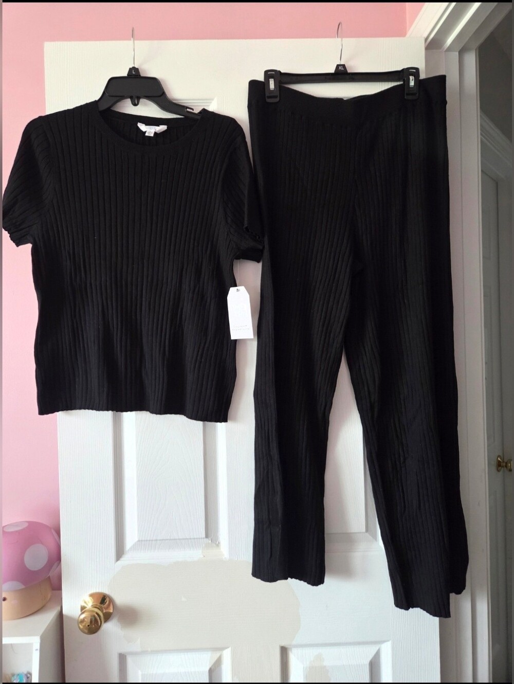Time and Tru Womens Black Ribbed Knit Top & Pants Set Size L NWT